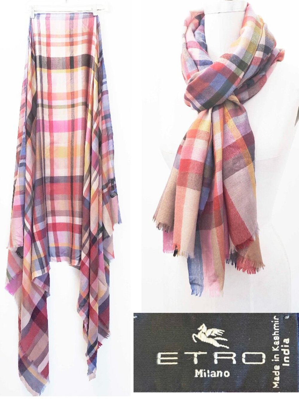 ETRO Milano Huge 100% Cashmere Lightweight Handmade Scarf Wrap Sarong Plaid